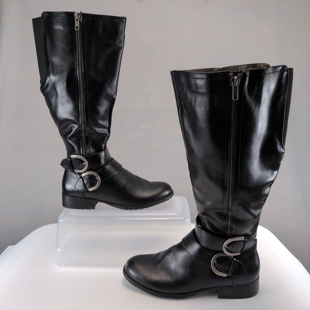 LifeStride‎ X-Must Black Tall Riding Boots Women 8.5 Wide Calf Buckle Side Zip